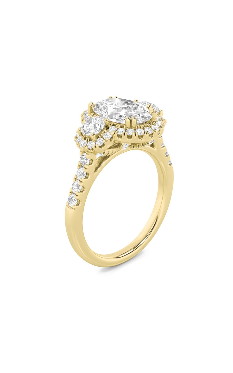 3Cttw Oval Shaped Lab Grown Diamond (F/VS) Three Stone Accented Ring in 14K Gold