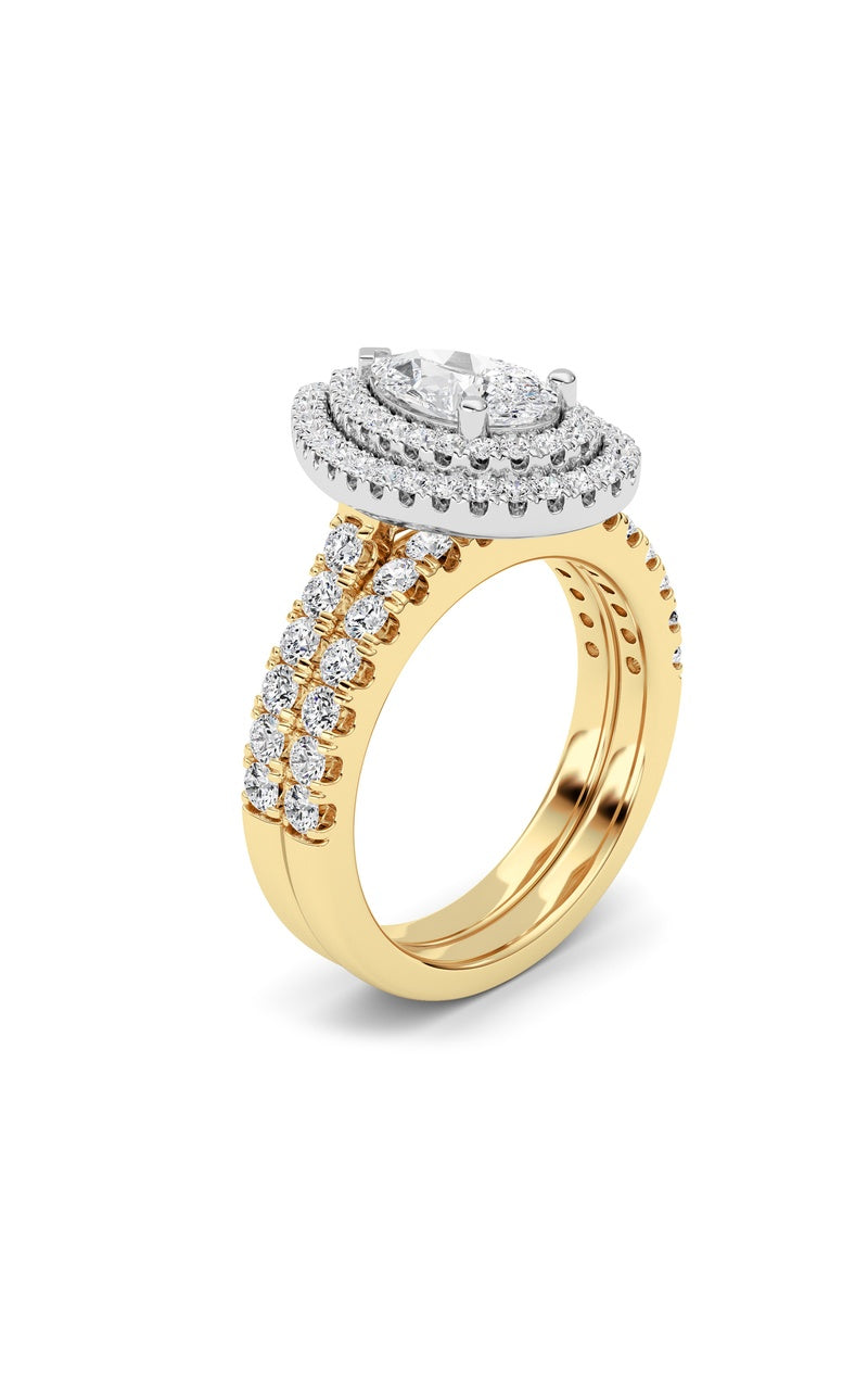 2Cttw Pear Shaped Lab Grown Diamond (F/VS) DoubleHalo Bridal Set Engagement Ring Set in 14K Gold