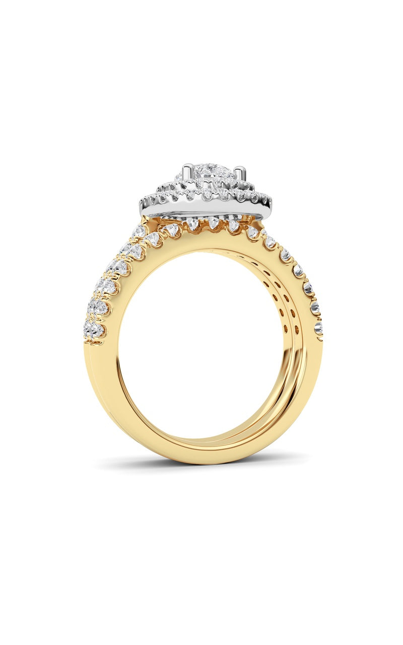 2CTW Pear Shaped Lab Grown Diamond (F/VS) Double Halo Bridal Set Engagement Ring Set in 14K Gold