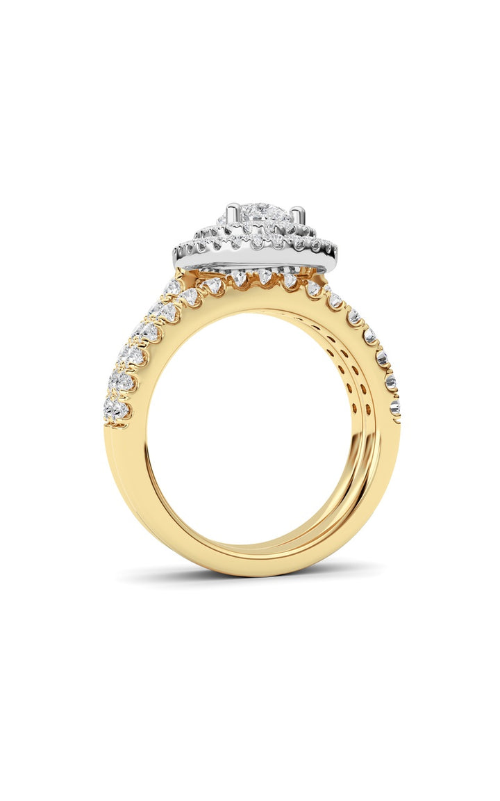 2CTW Pear Shaped Lab Grown Diamond (F/VS) Double Halo Bridal Set Engagement Ring Set in 14K Gold
