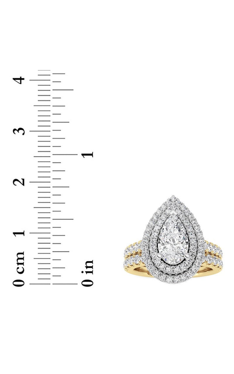 2Cttw Pear Shaped Lab Grown Diamond (F/VS) DoubleHalo Bridal Set Engagement Ring Set in 14K Gold