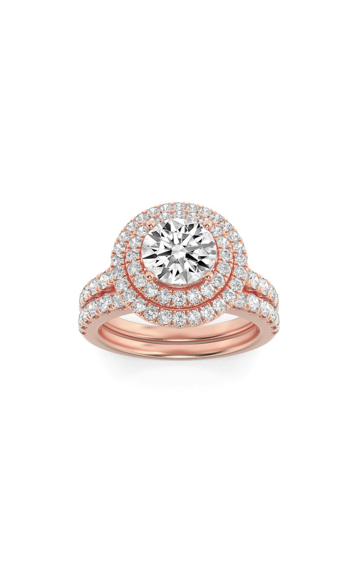 2Cttw Round Shaped Lab Grown Diamond (F/VS) Double Halo Bridal Set Engagement Ring Set in 14K Gold