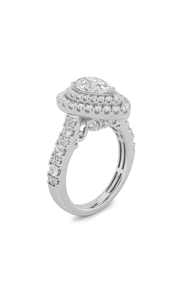 2Cttw Pear Shaped Lab Grown Diamond (F/VS) DoubleHalo Engagement Ring in 14K Gold