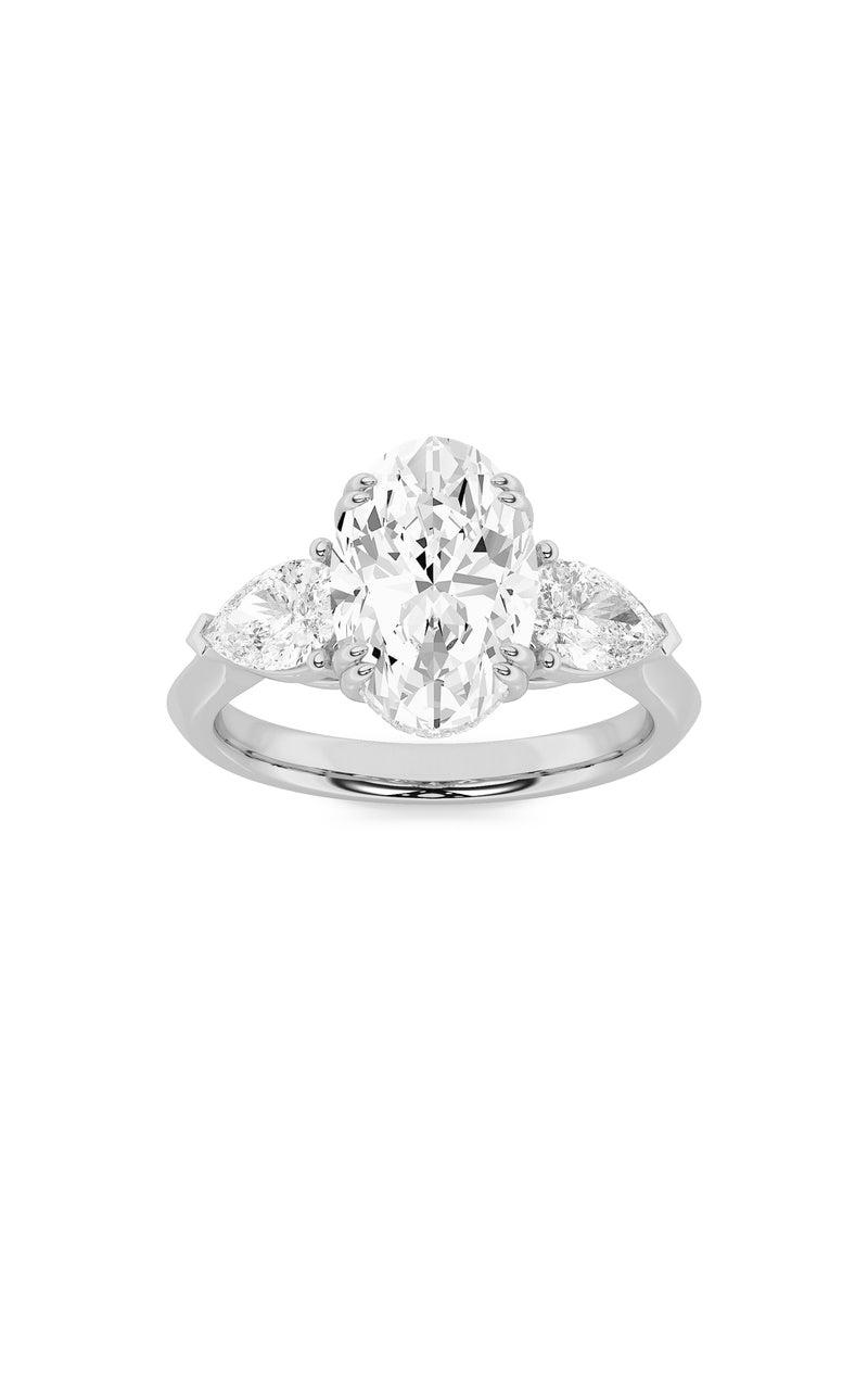 3Cttw Oval Shaped Lab Grown Diamond (F/VS) Three Stone Hidden Halo Ring in 14K Gold