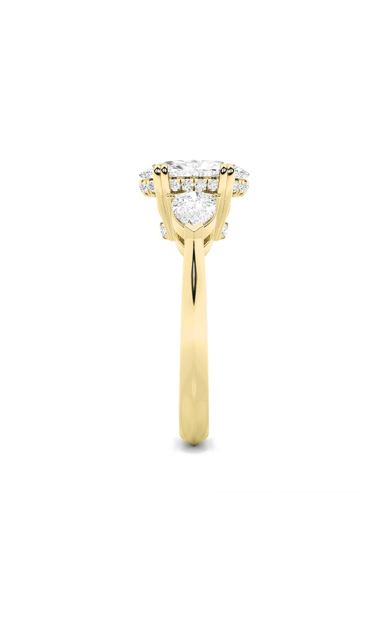3Cttw Oval Shaped Lab Grown Diamond (F/VS) Three Stone Hidden Halo Ring in 14K Gold
