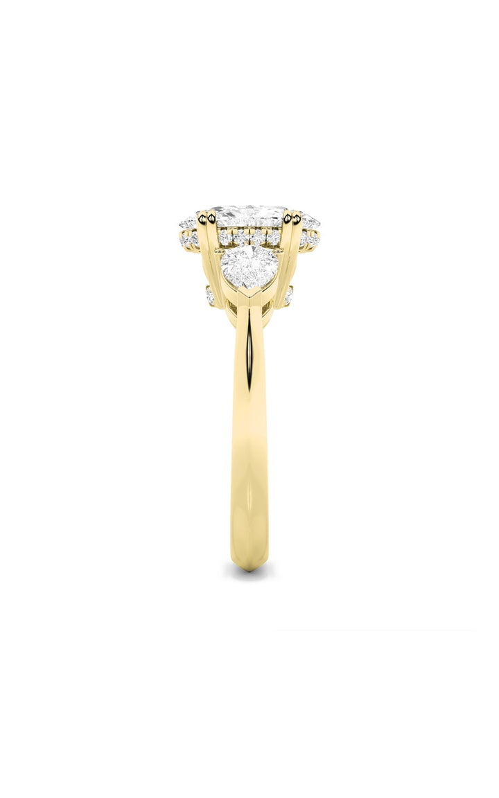 3Cttw Oval Shaped Lab Grown Diamond (F/VS) Three Stone Hidden Halo Ring in 14K Gold