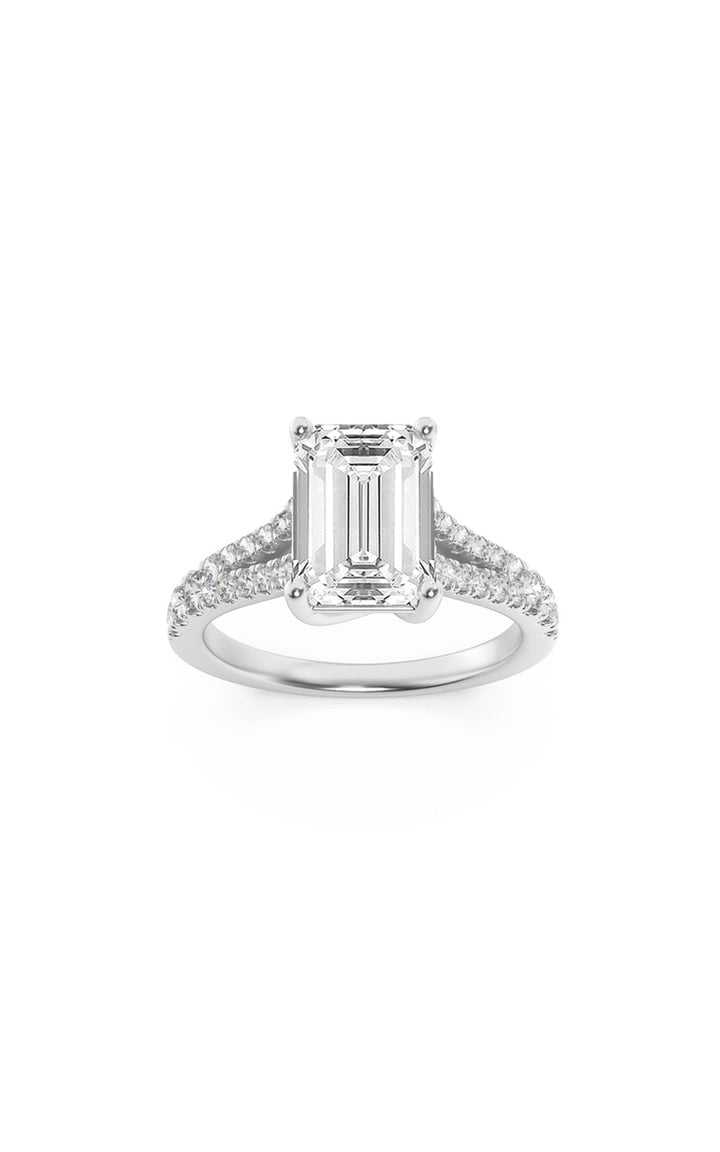 2Cttw Emerald Shaped Lab Grown Diamond (F/VS) Split Shank Trellis Engagement Ring in 14K Gold