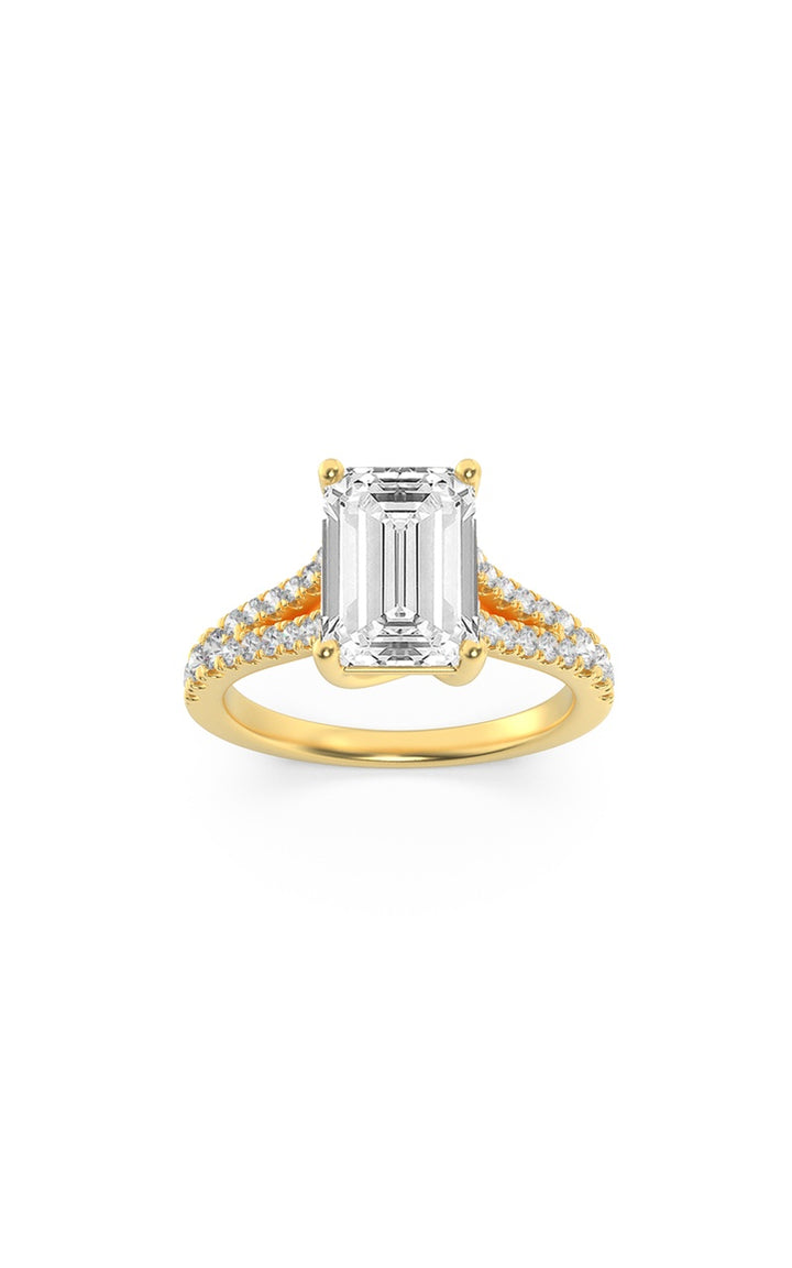 2Cttw Emerald Shaped Lab Grown Diamond (F/VS) Split Shank Trellis Engagement Ring in 14K Gold