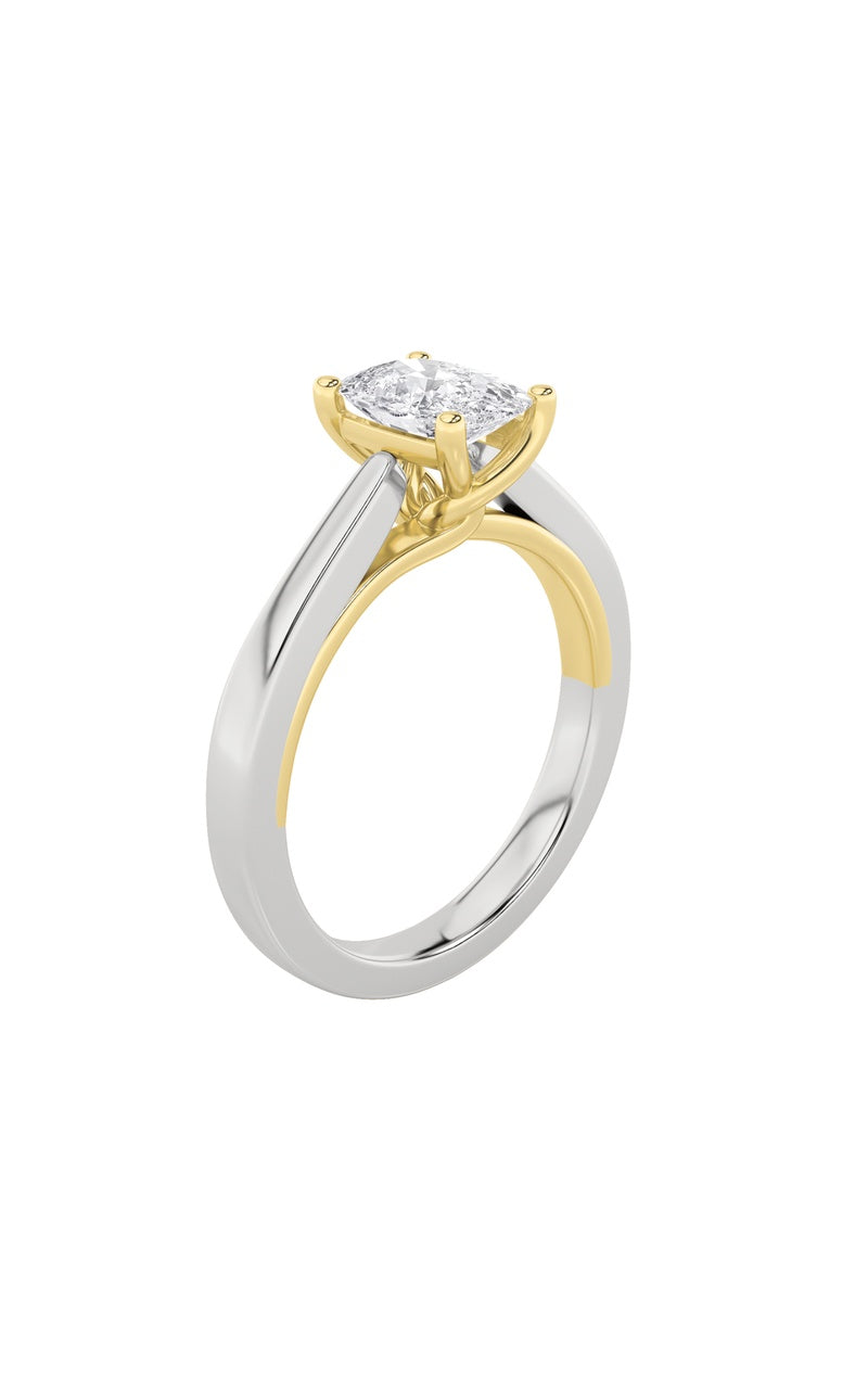 1CTW Elongated Cushion Shaped Lab Grown Diamond (F/VS) Two Tone Twisted Basket Cathedral Shank Solitaire Ring in 14K Gold