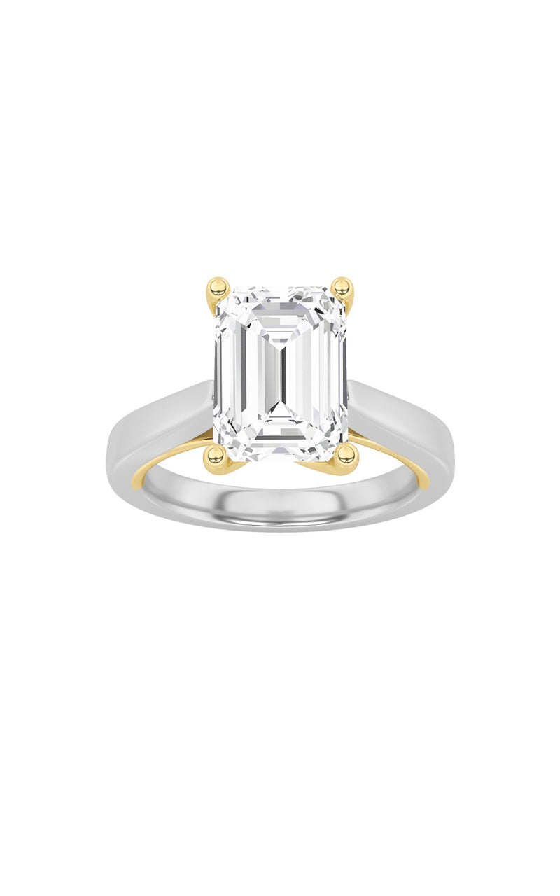 1Cttw Emerald Shaped Lab Grown Diamond (F/VS) TwoTone Twisted Basket Cathedral Shank Solitaire Ring in 14K Gold