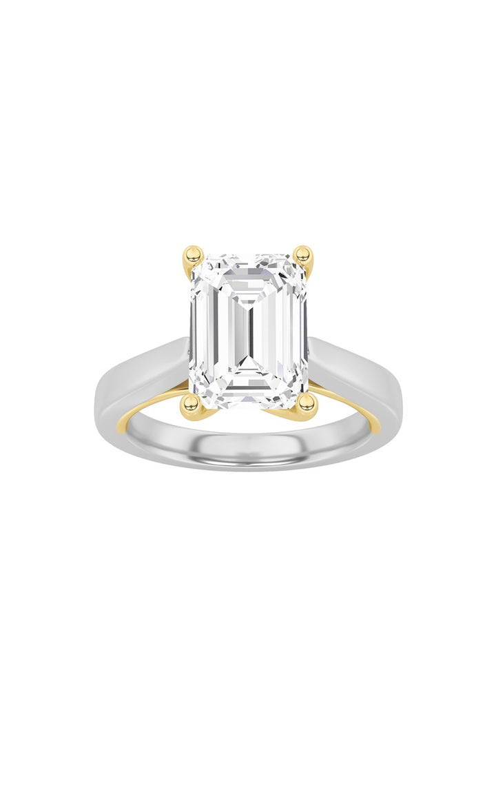 1Cttw Emerald Shaped Lab Grown Diamond (F/VS) TwoTone Twisted Basket Cathedral Shank Solitaire Ring in 14K Gold