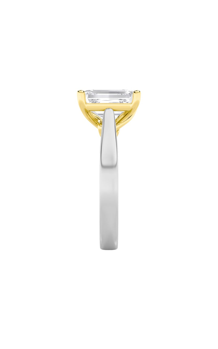 1Cttw Emerald Shaped Lab Grown Diamond (F/VS) TwoTone Twisted Basket Cathedral Shank Solitaire Ring in 14K Gold