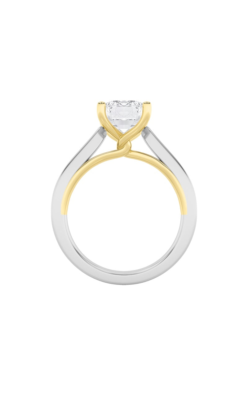 2Cttw Emerald Shaped Lab Grown Diamond (F/VS) TwoTone Twisted Basket Cathedral Shank Solitaire Ring in 14K Gold