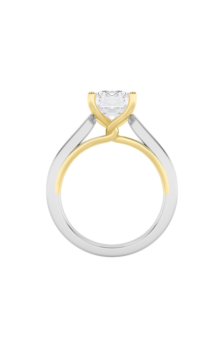 2Cttw Emerald Shaped Lab Grown Diamond (F/VS) TwoTone Twisted Basket Cathedral Shank Solitaire Ring in 14K Gold