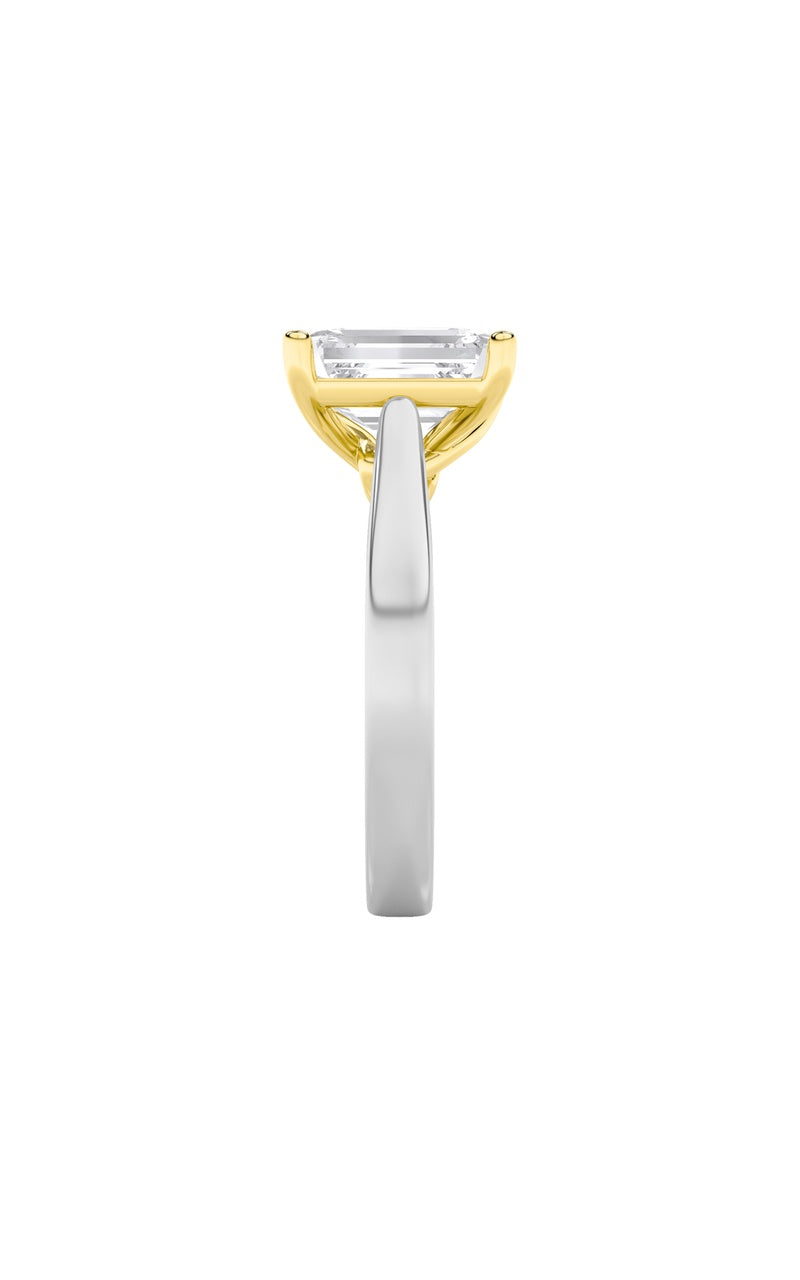 3Cttw Emerald Shaped Lab Grown Diamond (F/VS) TwoTone Twisted Basket Cathedral Shank Solitaire Ring in 14K Gold