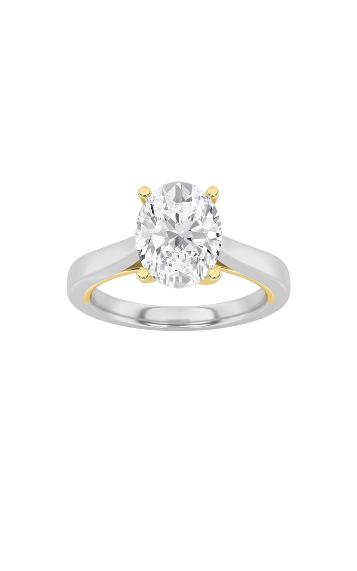 2Cttw Oval Shaped Lab Grown Diamond (F/VS) Two Tone Twisted Basket Cathedral Shank Solitaire Ring in 14K Gold