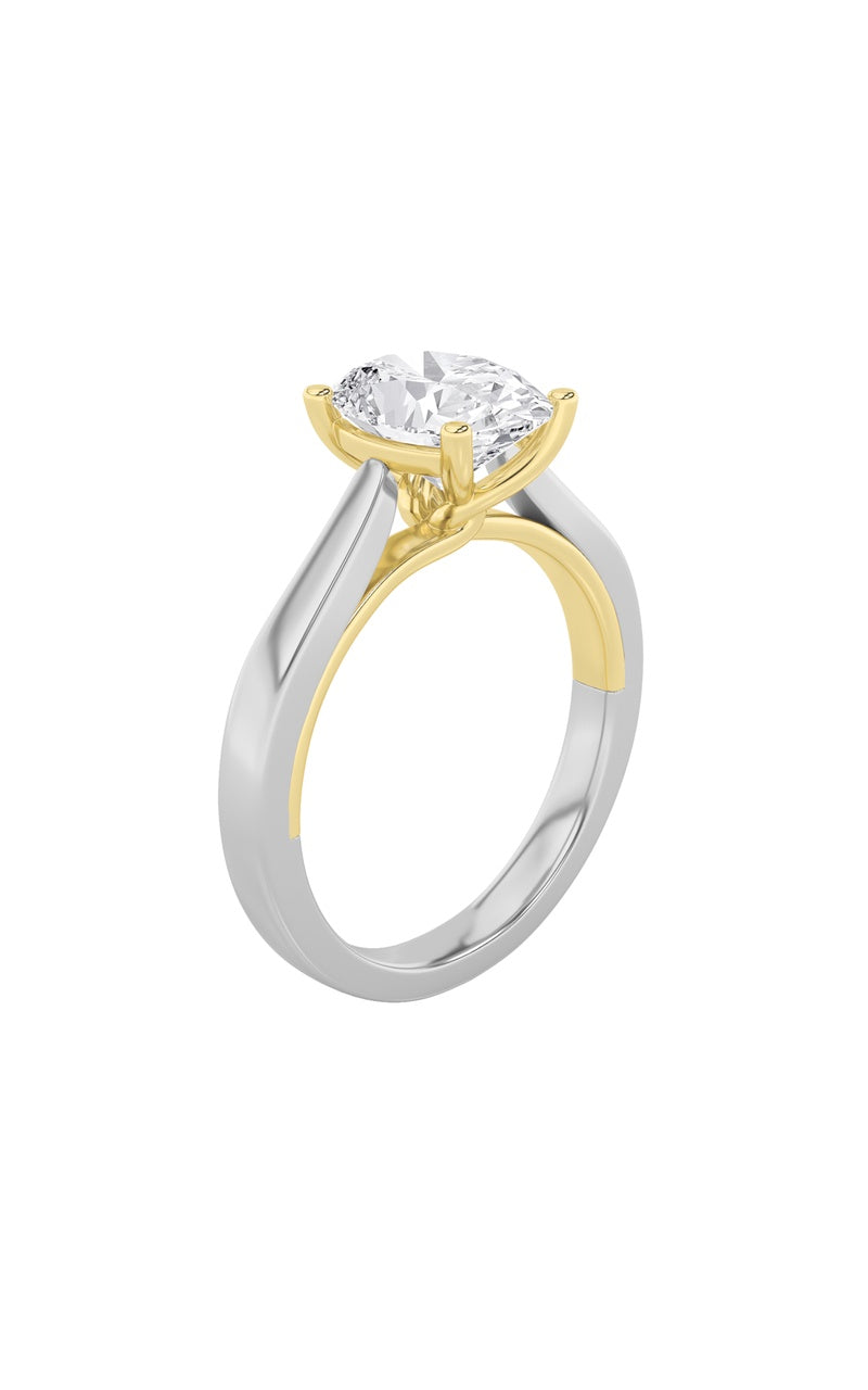 2Cttw Oval Shaped Lab Grown Diamond (F/VS) Two Tone Twisted Basket Cathedral Shank Solitaire Ring in 14K Gold
