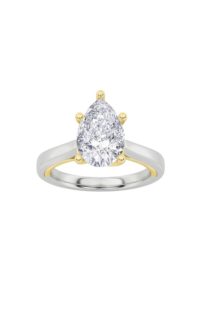 1Cttw Pear Shaped Lab Grown Diamond (F/VS) Two Tone Twisted Basket Cathedral Shank Solitaire Ring in 14K Gold