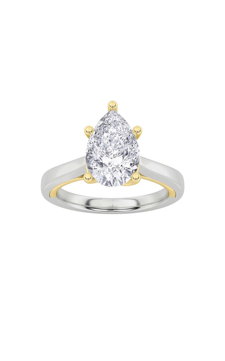 1Cttw Pear Shaped Lab Grown Diamond (F/VS) Two Tone Twisted Basket Cathedral Shank Solitaire Ring in 14K Gold