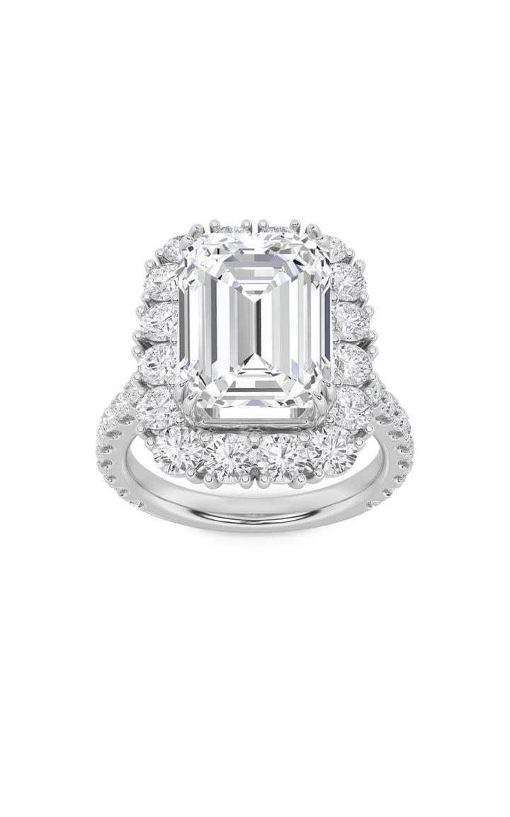 7.25Cttw Emerald Shaped Lab Grown Diamond (F/VS) Bold Statement Accented  Ring in 14K Gold