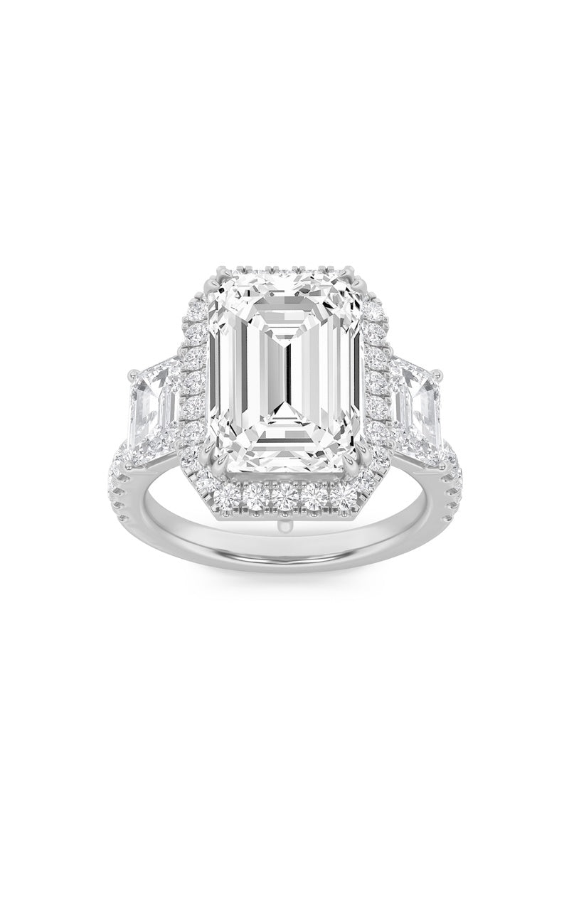 7CTW Emerald Shaped Lab Grown Diamond (F/VS) Bold Accented Engagement Ring in 14K Gold