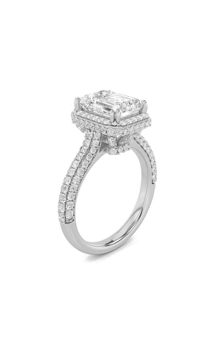 3Cttw Emerald Shaped Lab Grown Diamond (F/VS) Halo Accented Engagement Ring in 14K Gold