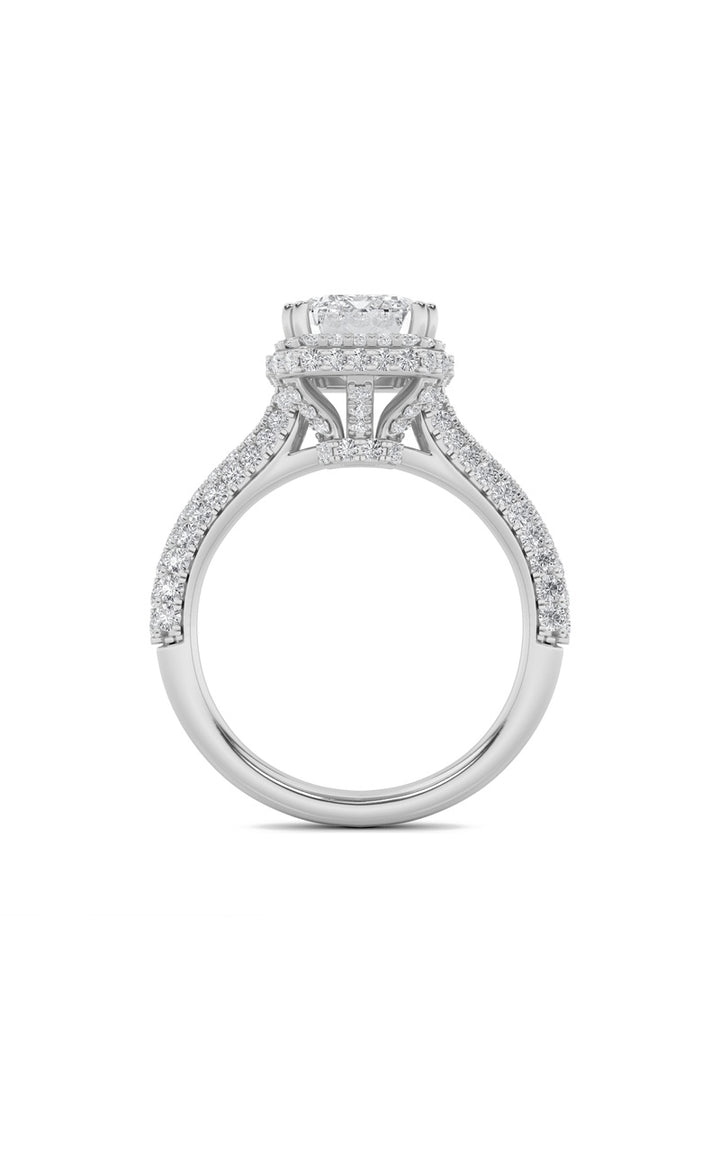 3Cttw Emerald Shaped Lab Grown Diamond (F/VS) Halo Accented Engagement Ring in 14K Gold