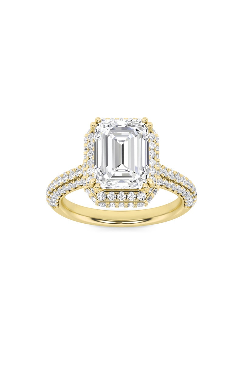 3Cttw Emerald Shaped Lab Grown Diamond (F/VS) Halo Accented Engagement Ring in 14K Gold