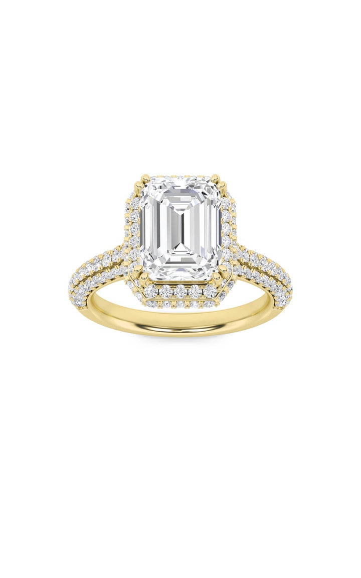 3Cttw Emerald Shaped Lab Grown Diamond (F/VS) Halo Accented Engagement Ring in 14K Gold