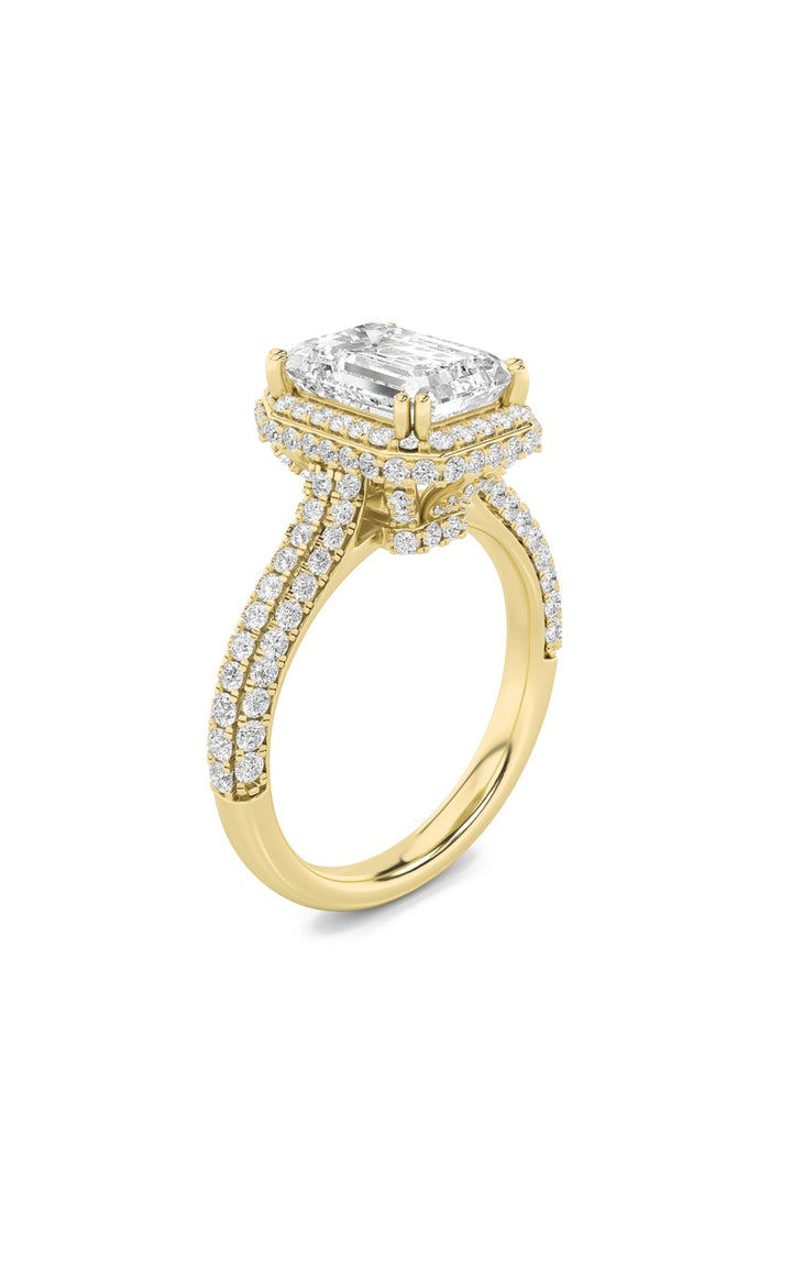 3Cttw Emerald Shaped Lab Grown Diamond (F/VS) Halo Accented Engagement Ring in 14K Gold