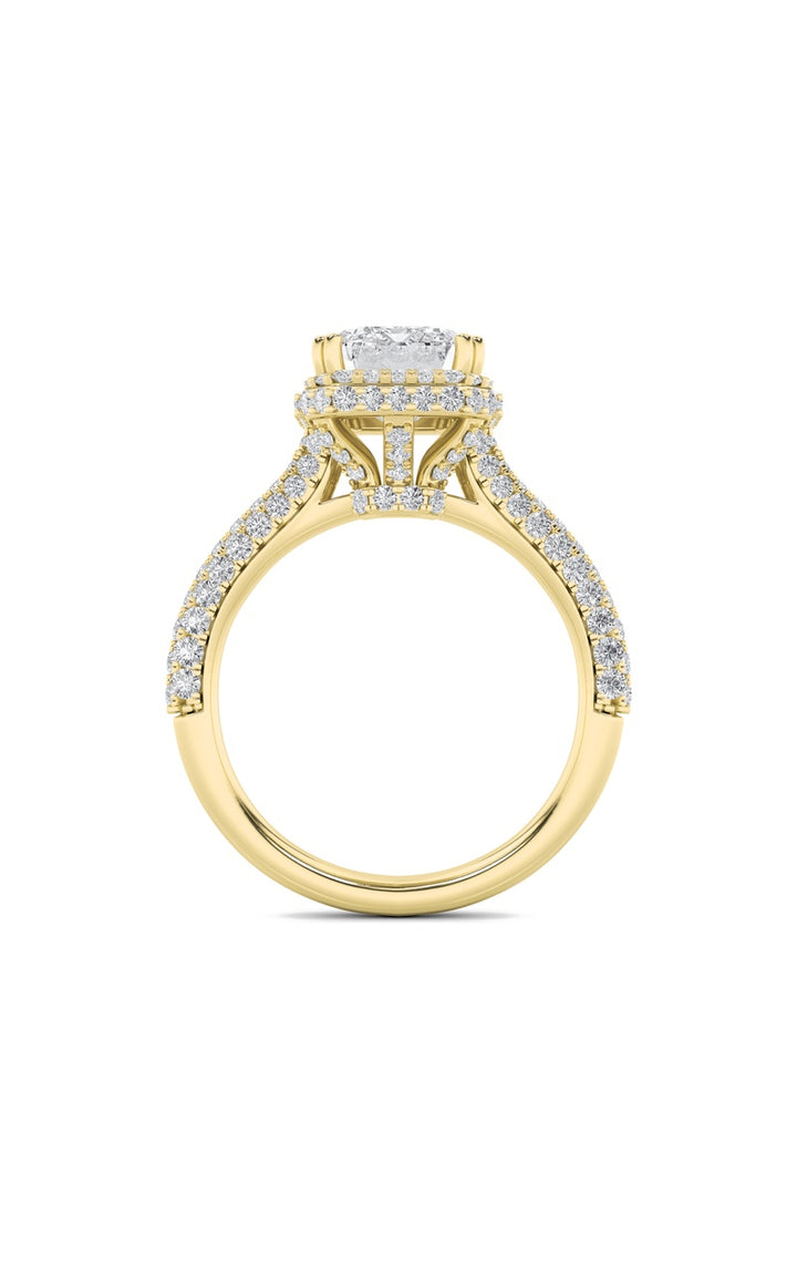 3Cttw Emerald Shaped Lab Grown Diamond (F/VS) Halo Accented Engagement Ring in 14K Gold