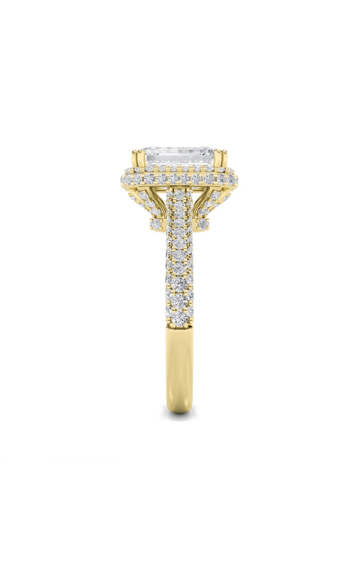 3Cttw Emerald Shaped Lab Grown Diamond (F/VS) Halo Accented Engagement Ring in 14K Gold