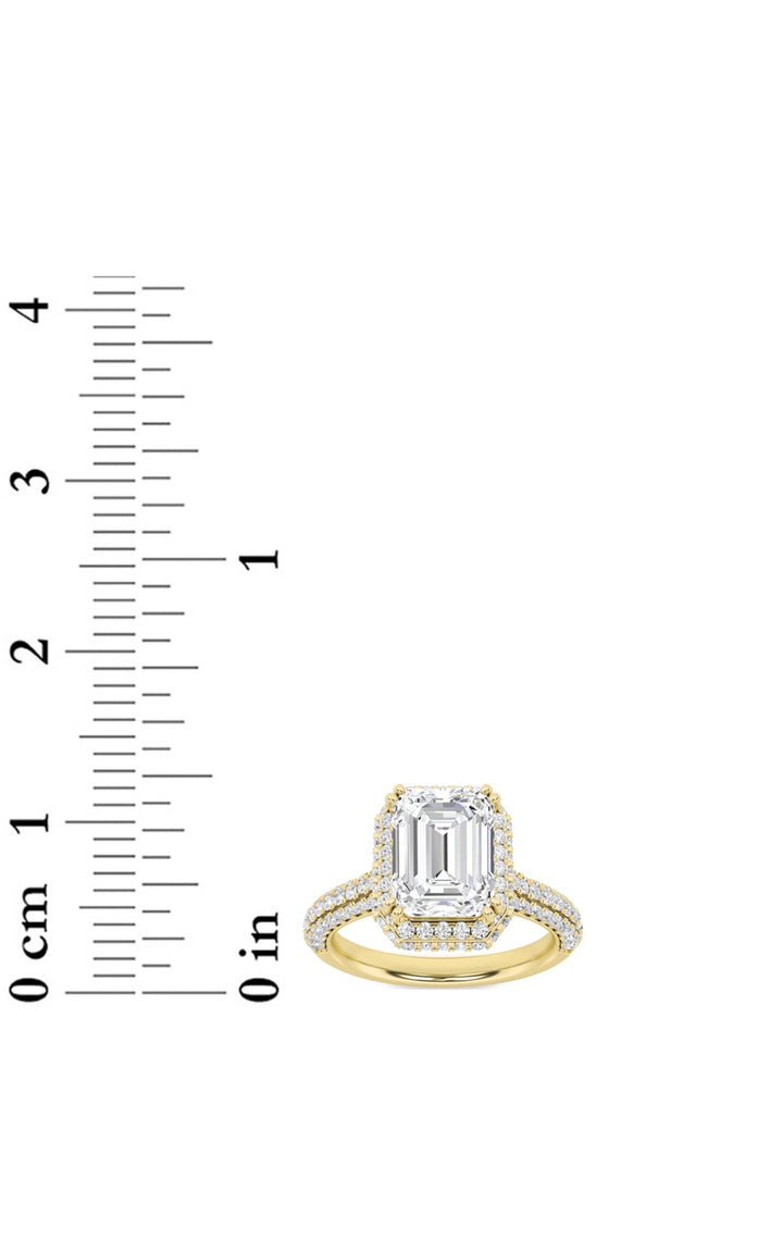 3Cttw Emerald Shaped Lab Grown Diamond (F/VS) Halo Accented Engagement Ring in 14K Gold