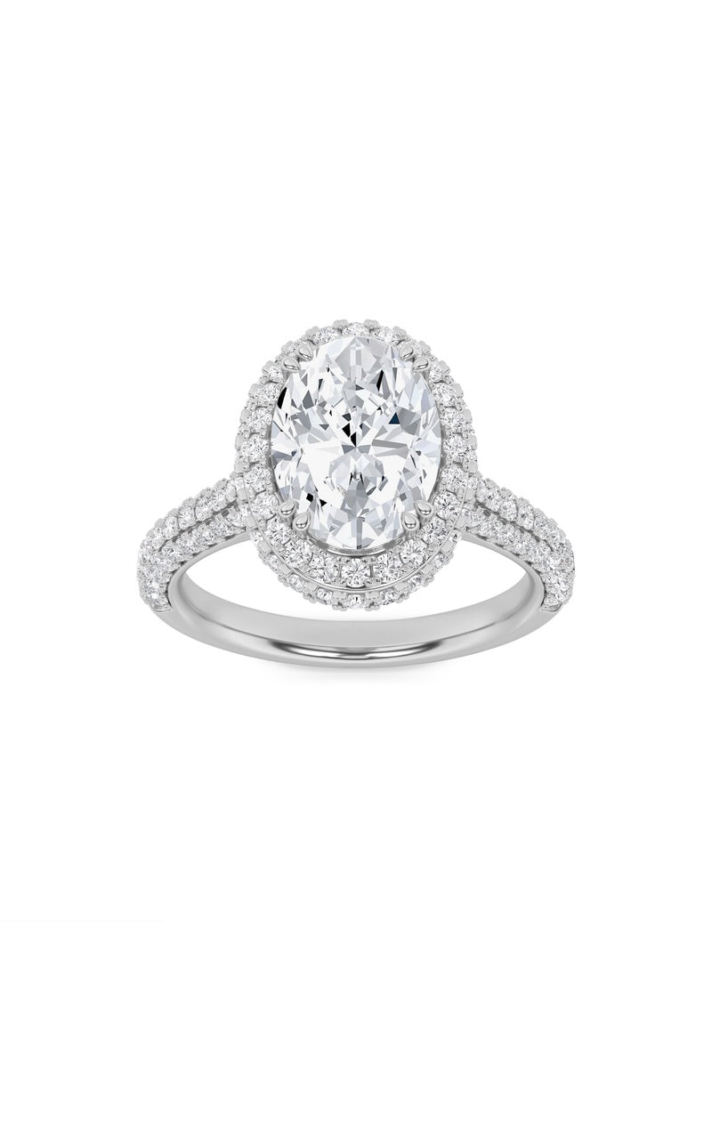 3Cttw Oval Shaped Lab Grown Diamond (F/VS) Halo Accented Engagement Ring in 14K Gold