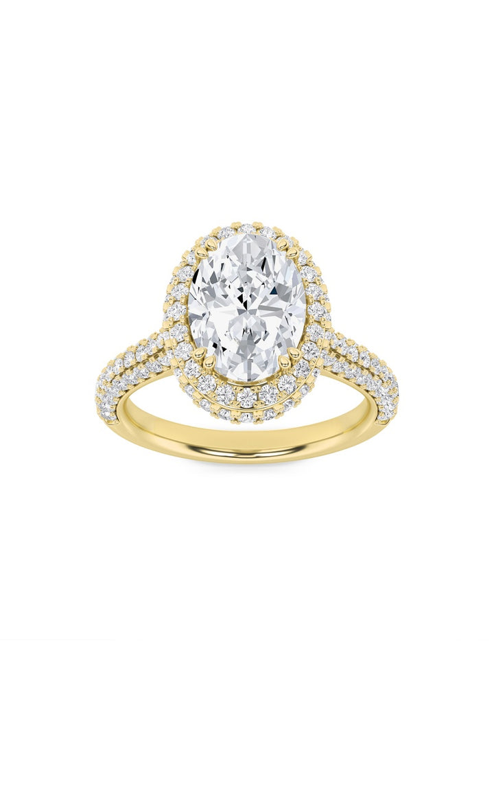 3Cttw Oval Shaped Lab Grown Diamond (F/VS) Halo Accented Engagement Ring in 14K Gold