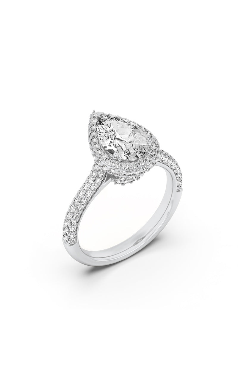 3Cttw Pear Shaped Lab Grown Diamond (F/VS) Halo Accented Engagement Ring in 14K Gold
