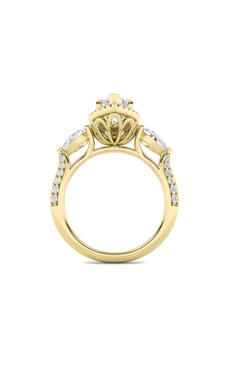 3Cttw Marquise Shaped Lab Grown Diamond (F/VS) Three Stone Halo Enagement Ring in 14K Gold