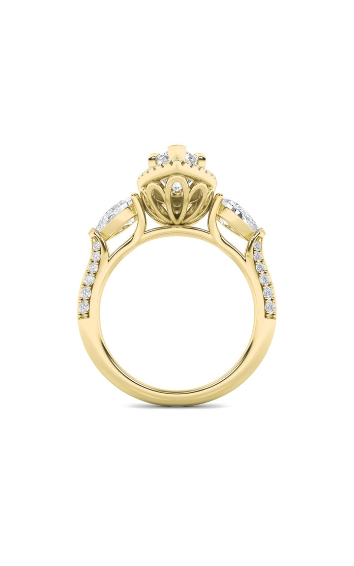 3Cttw Marquise Shaped Lab Grown Diamond (F/VS) Three Stone Halo Enagement Ring in 14K Gold