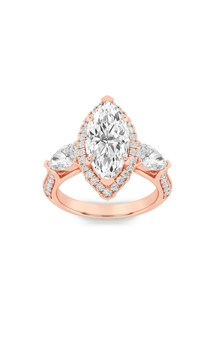 3Cttw Marquise Shaped Lab Grown Diamond (F/VS) Three Stone Halo Enagement Ring in 14K Gold