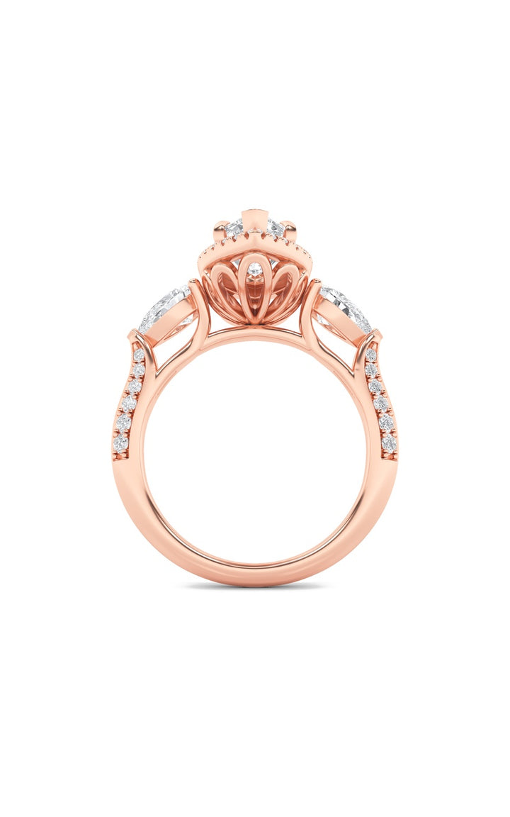 3Cttw Marquise Shaped Lab Grown Diamond (F/VS) Three Stone Halo Enagement Ring in 14K Gold