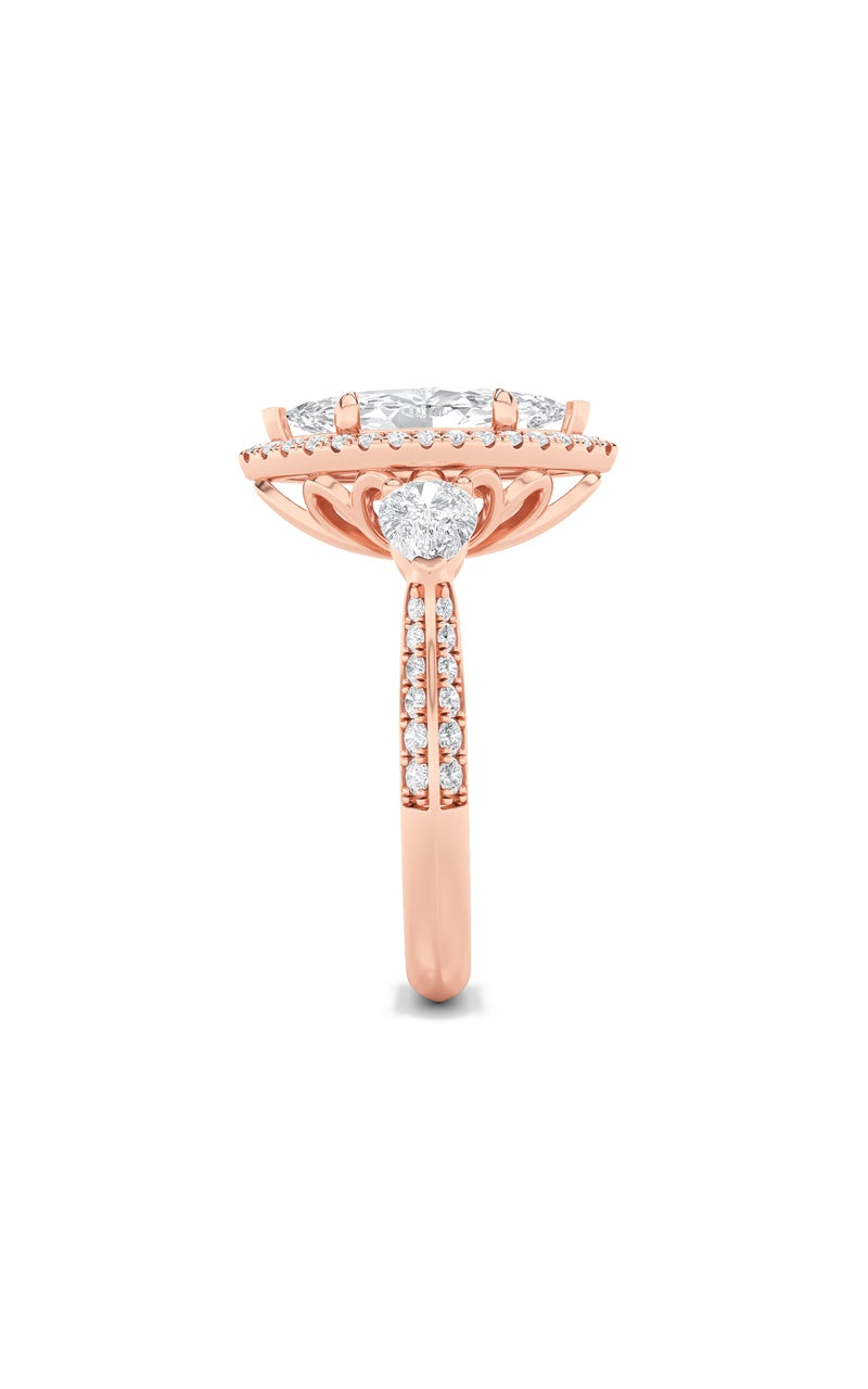 3Cttw Marquise Shaped Lab Grown Diamond (F/VS) Three Stone Halo Enagement Ring in 14K Gold