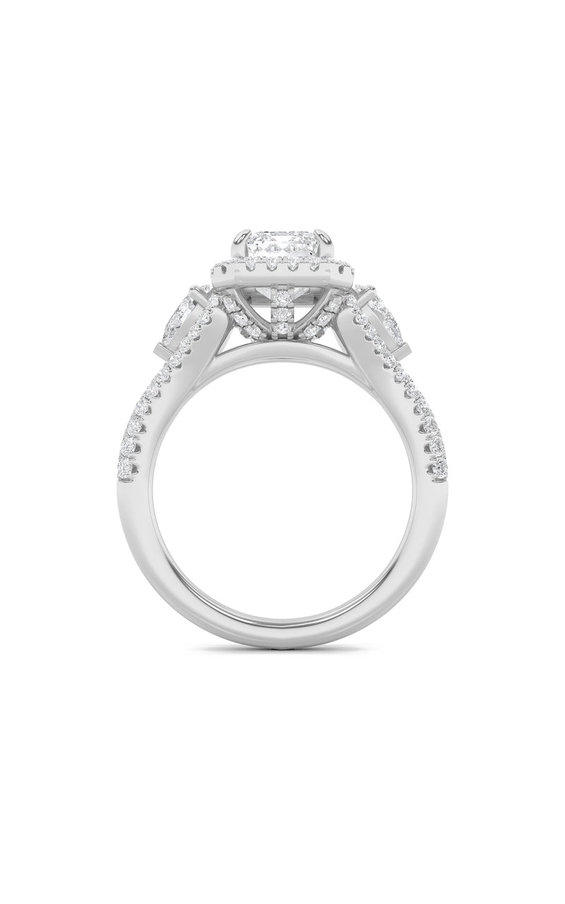 3Cttw Emerald Shaped Lab Grown Diamond (F/VS) Three Stone Bold Accented Engagement Ring in 14K Gold