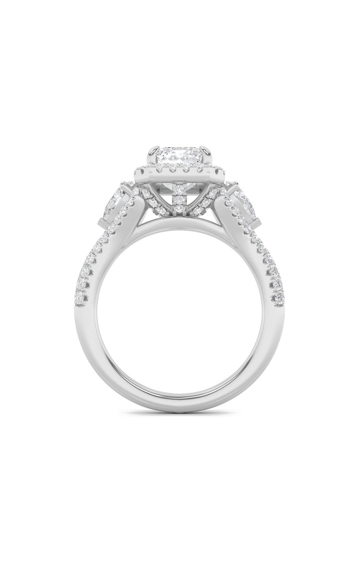 3Cttw Emerald Shaped Lab Grown Diamond (F/VS) Three Stone Bold Accented Engagement Ring in 14K Gold