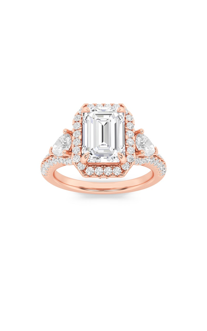 3Cttw Emerald Shaped Lab Grown Diamond (F/VS) Three Stone Bold Accented Engagement Ring in 14K Gold