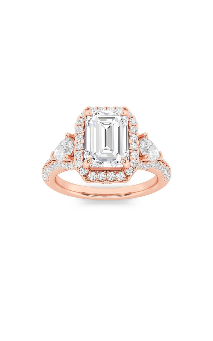 3Cttw Emerald Shaped Lab Grown Diamond (F/VS) Three Stone Bold Accented Engagement Ring in 14K Gold