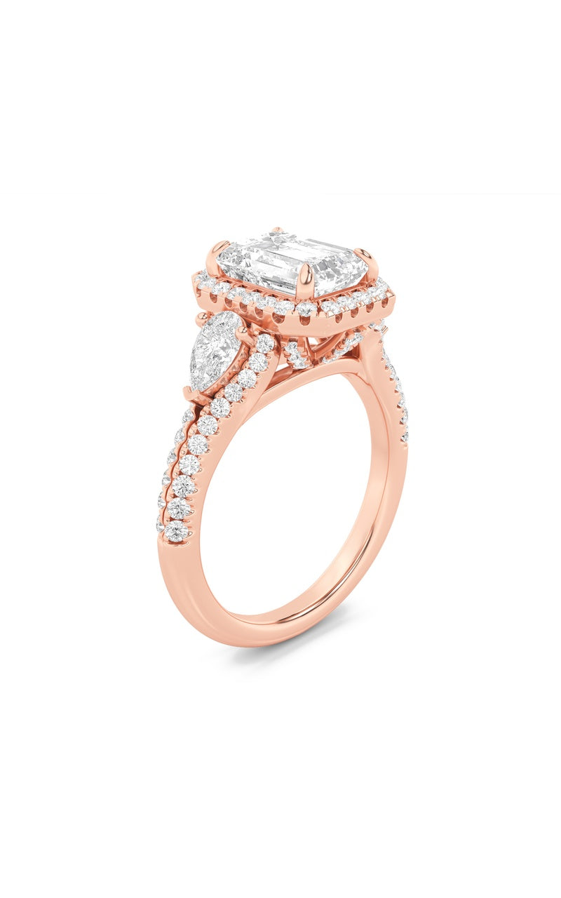 3Cttw Emerald Shaped Lab Grown Diamond (F/VS) Three Stone Bold Accented Engagement Ring in 14K Gold
