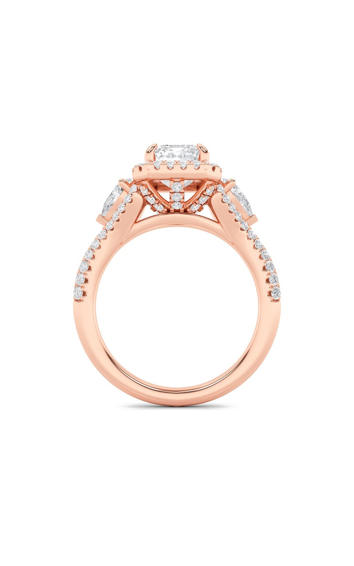 3Cttw Emerald Shaped Lab Grown Diamond (F/VS) Three Stone Bold Accented Engagement Ring in 14K Gold