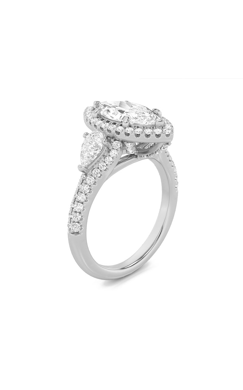 3Cttw Marquise Shaped Lab Grown Diamond (F/VS) Three Stone Bold Accented Engagement Ring in 14K Gold