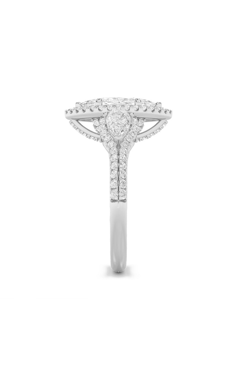 3Cttw Marquise Shaped Lab Grown Diamond (F/VS) Three Stone Bold Accented Engagement Ring in 14K Gold
