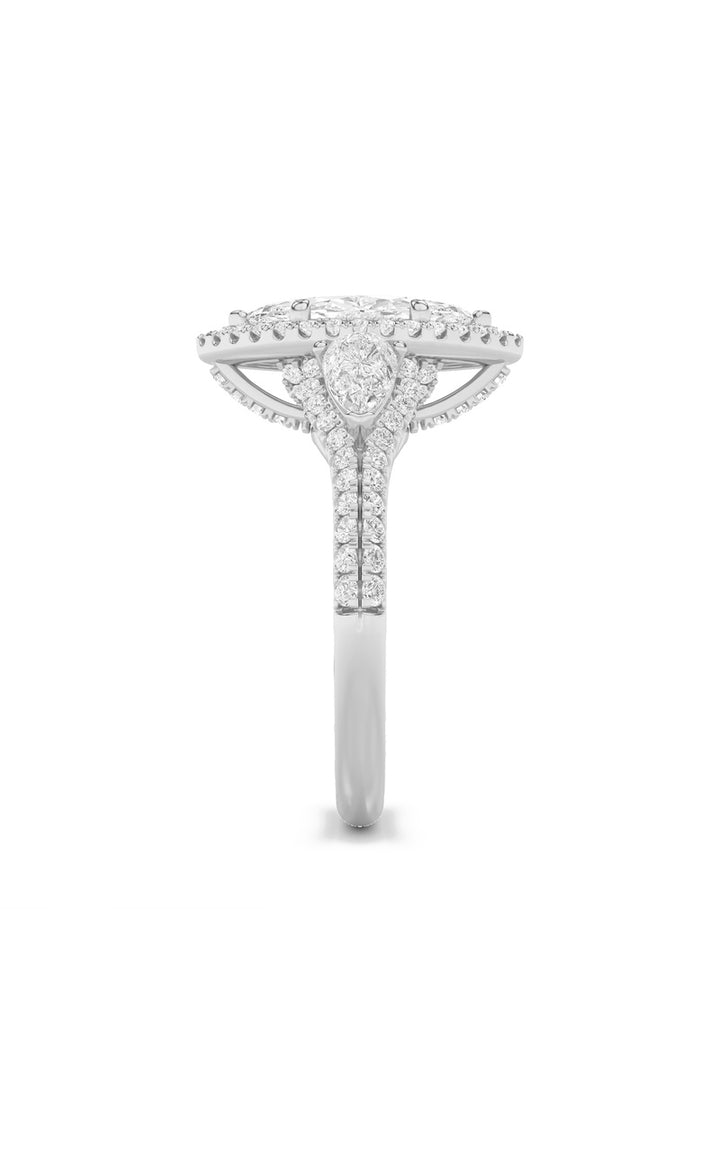 3Cttw Marquise Shaped Lab Grown Diamond (F/VS) Three Stone Bold Accented Engagement Ring in 14K Gold